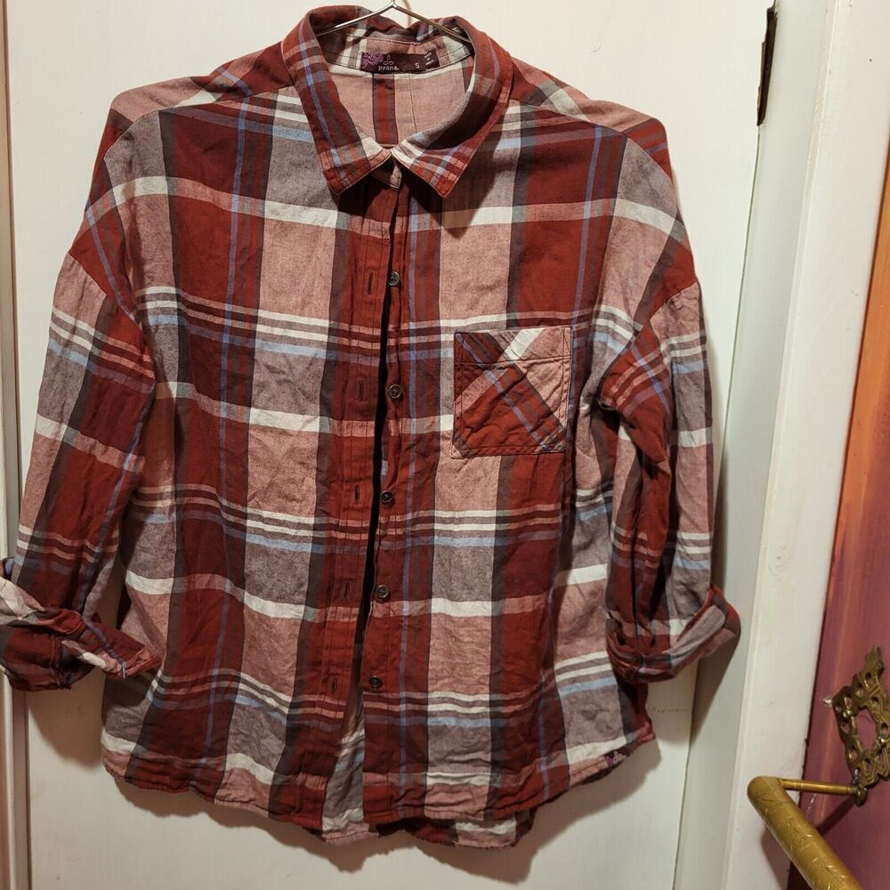 prAna Lightweight Button Down Flannel Shirt Women's Size S Red/Gray/Blue Plaid